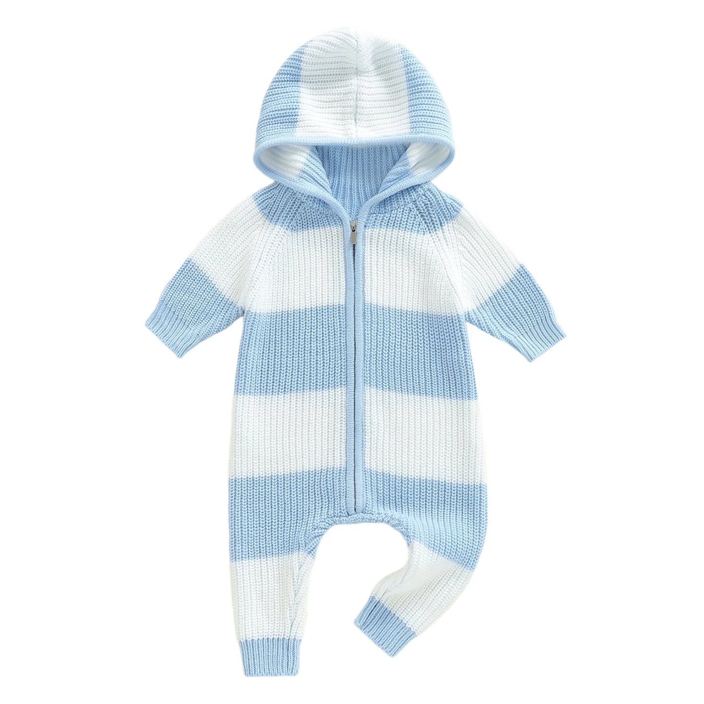 Unisex Hooded Long Sleeve Zipper Knit Jumpsuit Romper Striped