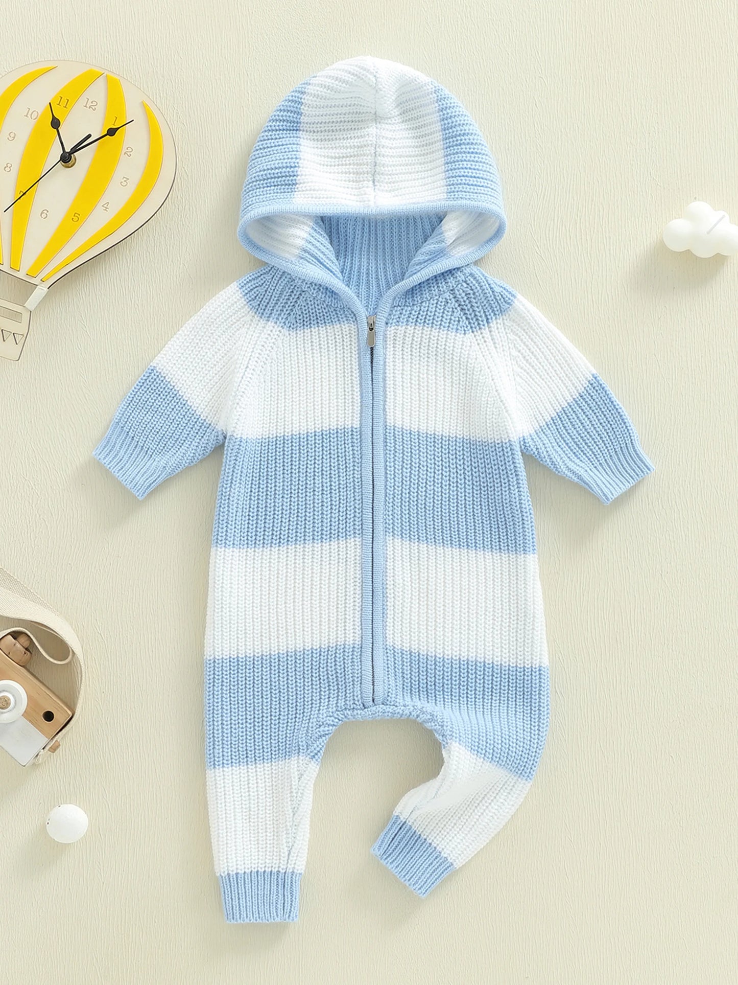 Unisex Hooded Long Sleeve Zipper Knit Jumpsuit Romper Striped