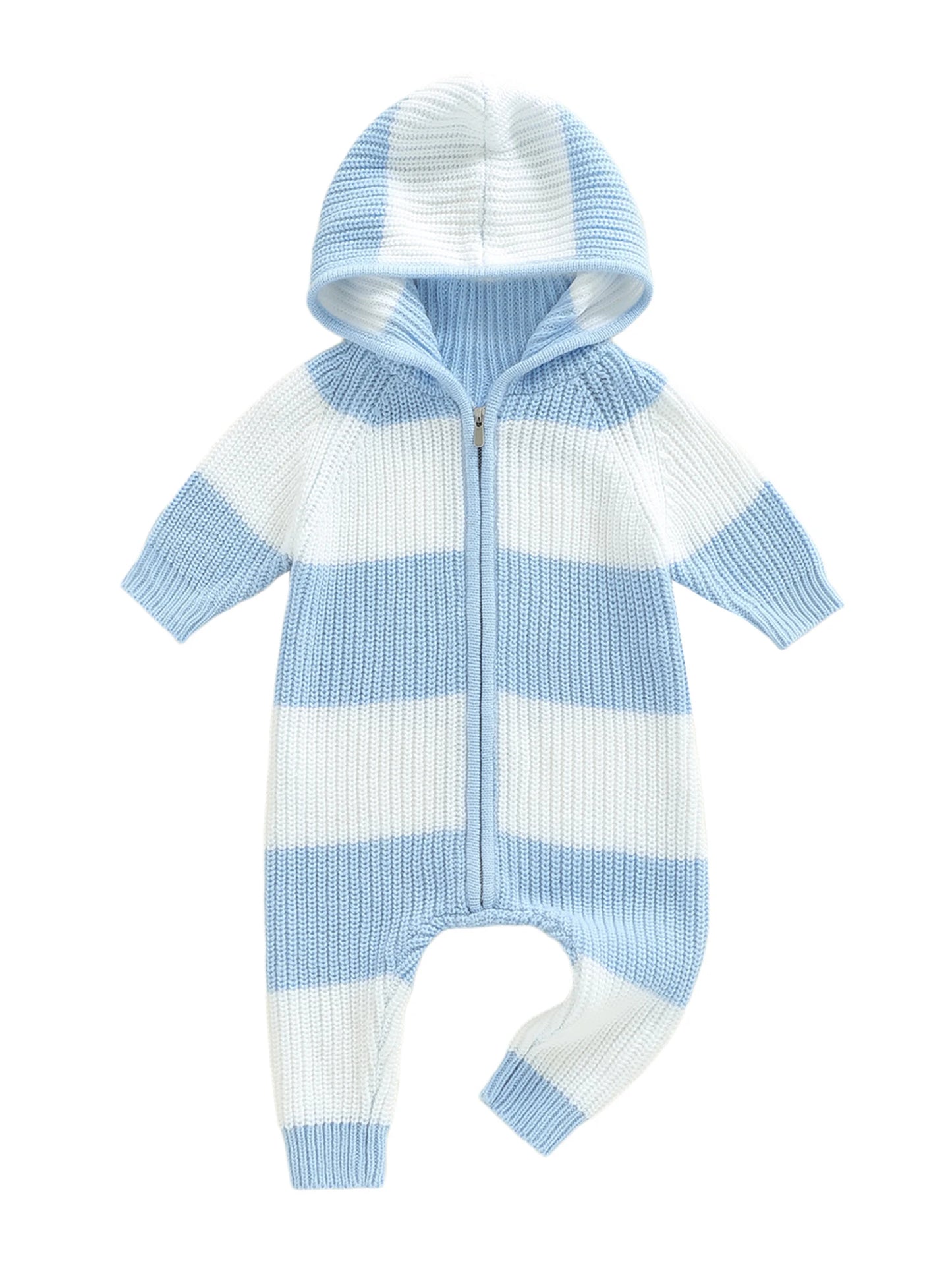 Unisex Hooded Long Sleeve Zipper Knit Jumpsuit Romper Striped