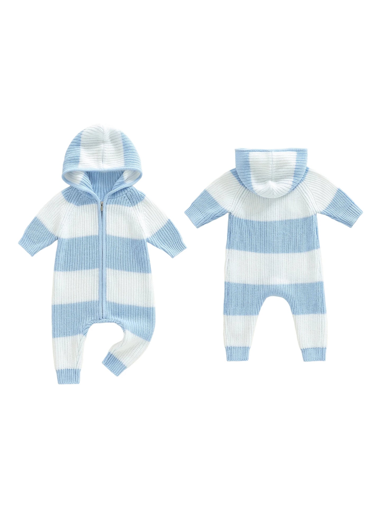 Unisex Hooded Long Sleeve Zipper Knit Jumpsuit Romper Striped