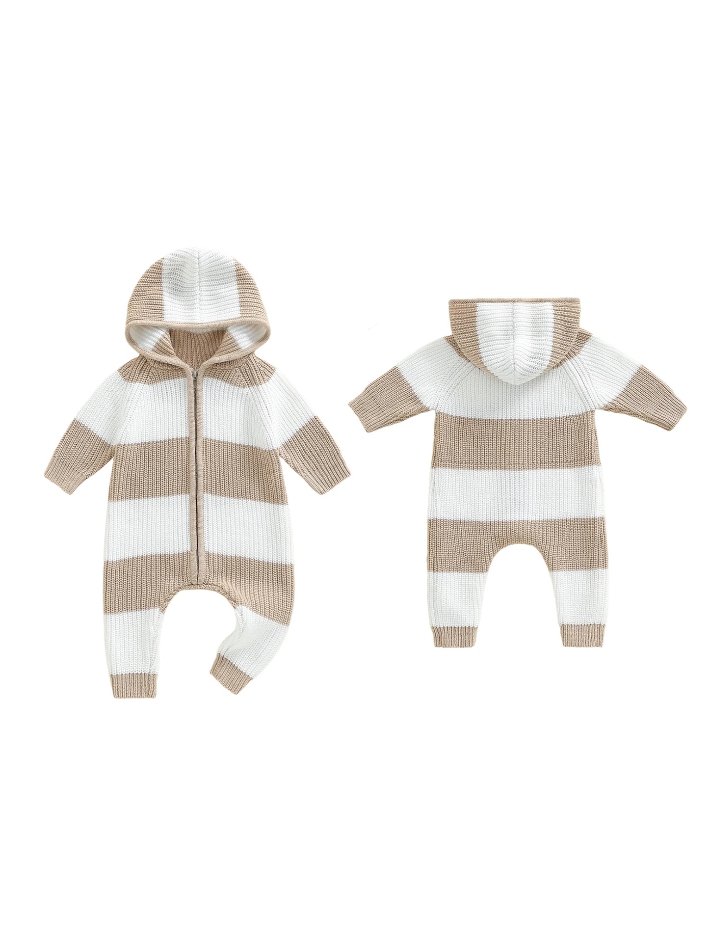 Unisex Hooded Long Sleeve Zipper Knit Jumpsuit Romper Striped