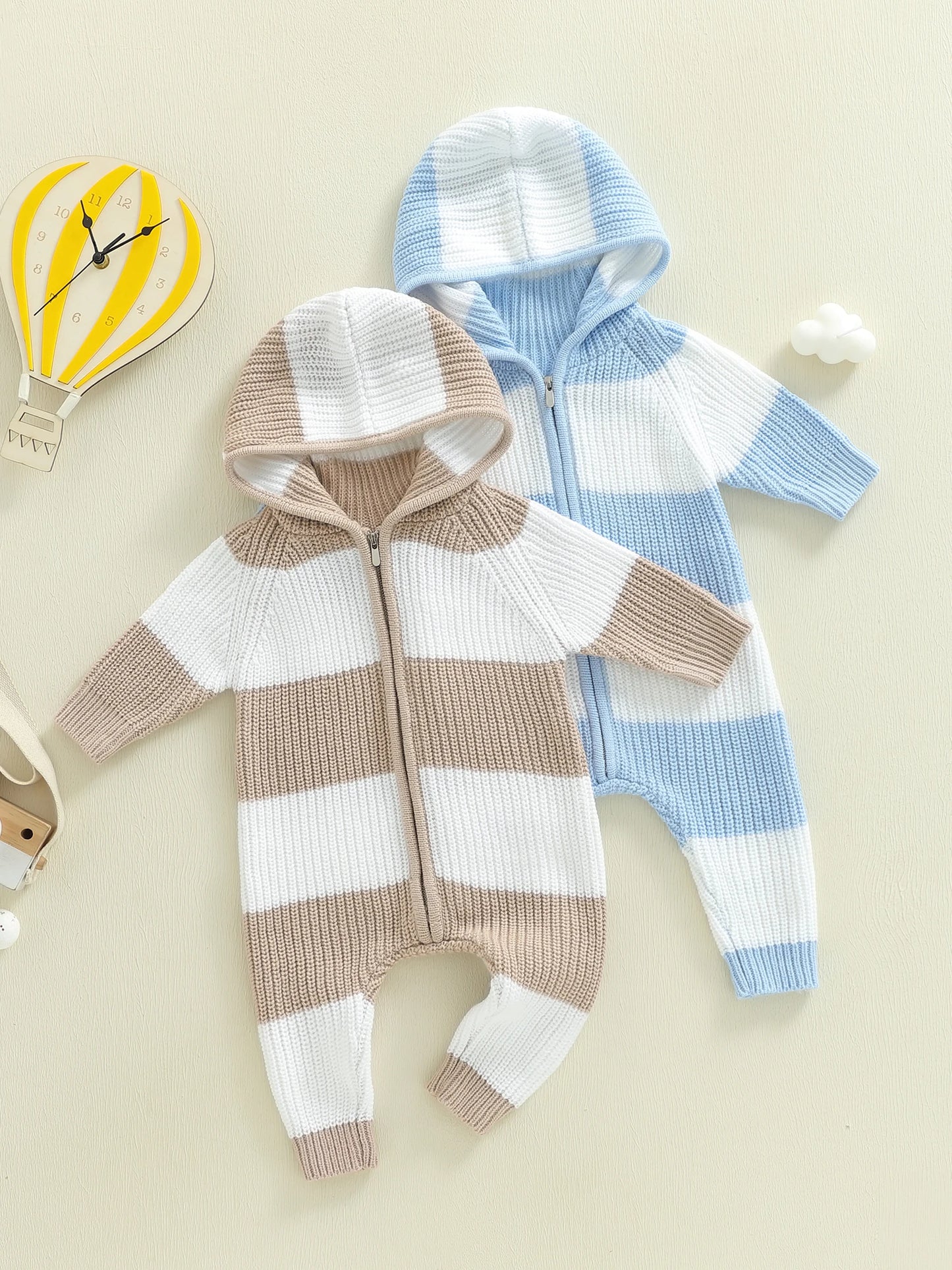 Unisex Hooded Long Sleeve Zipper Knit Jumpsuit Romper Striped