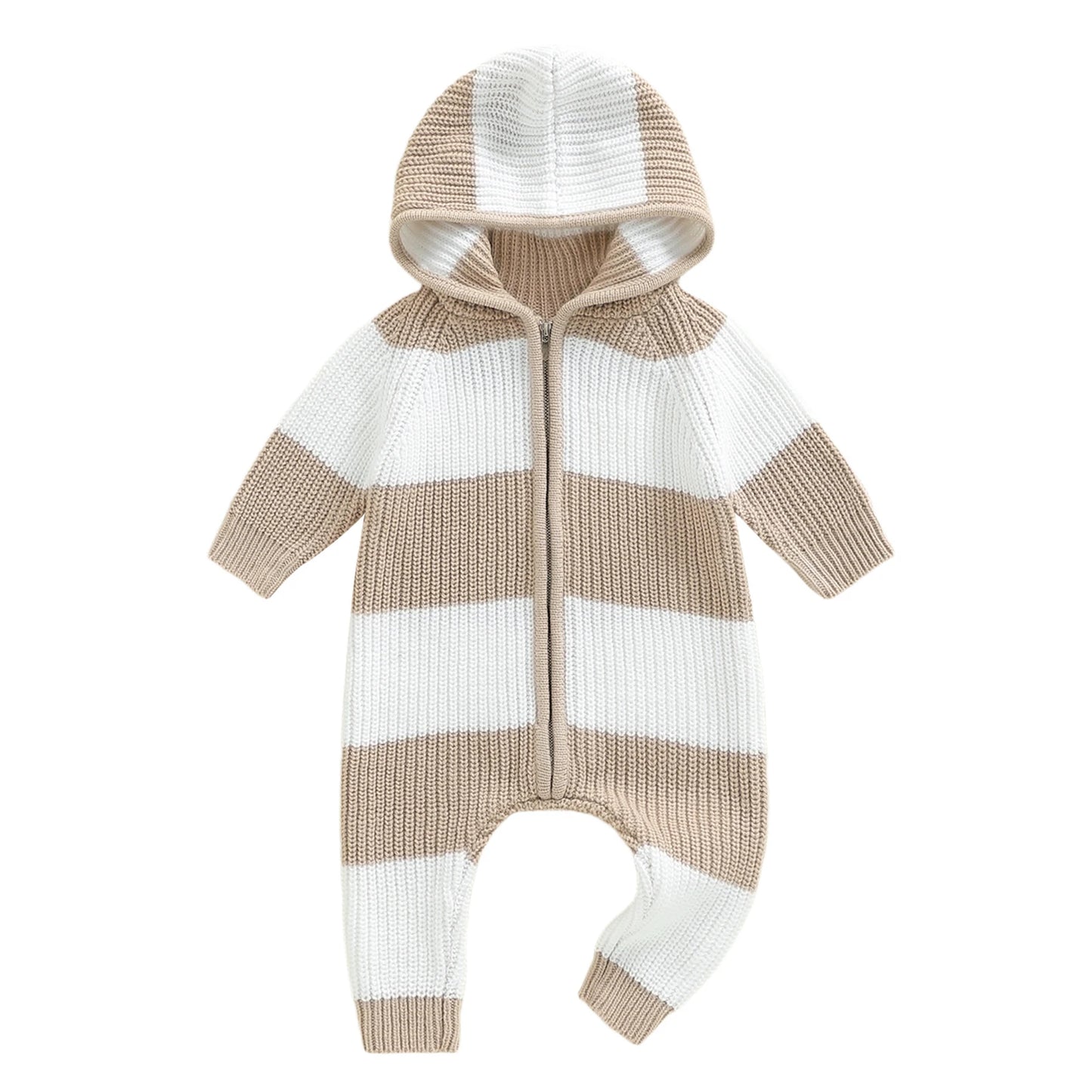 Unisex Hooded Long Sleeve Zipper Knit Jumpsuit Romper Striped